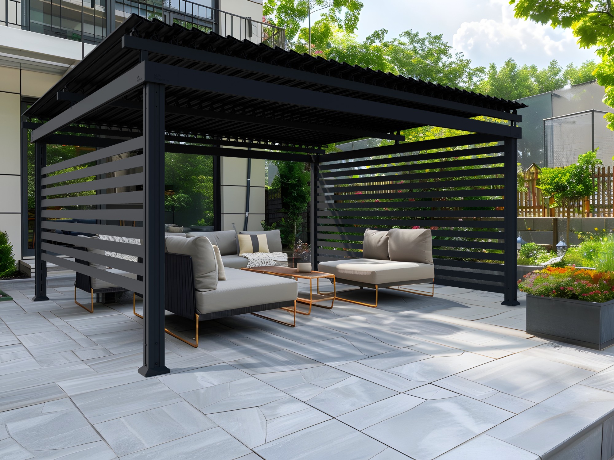 Terrace area with elegant grey tiled flooring and inviting seating, perfect for outdoor relaxation