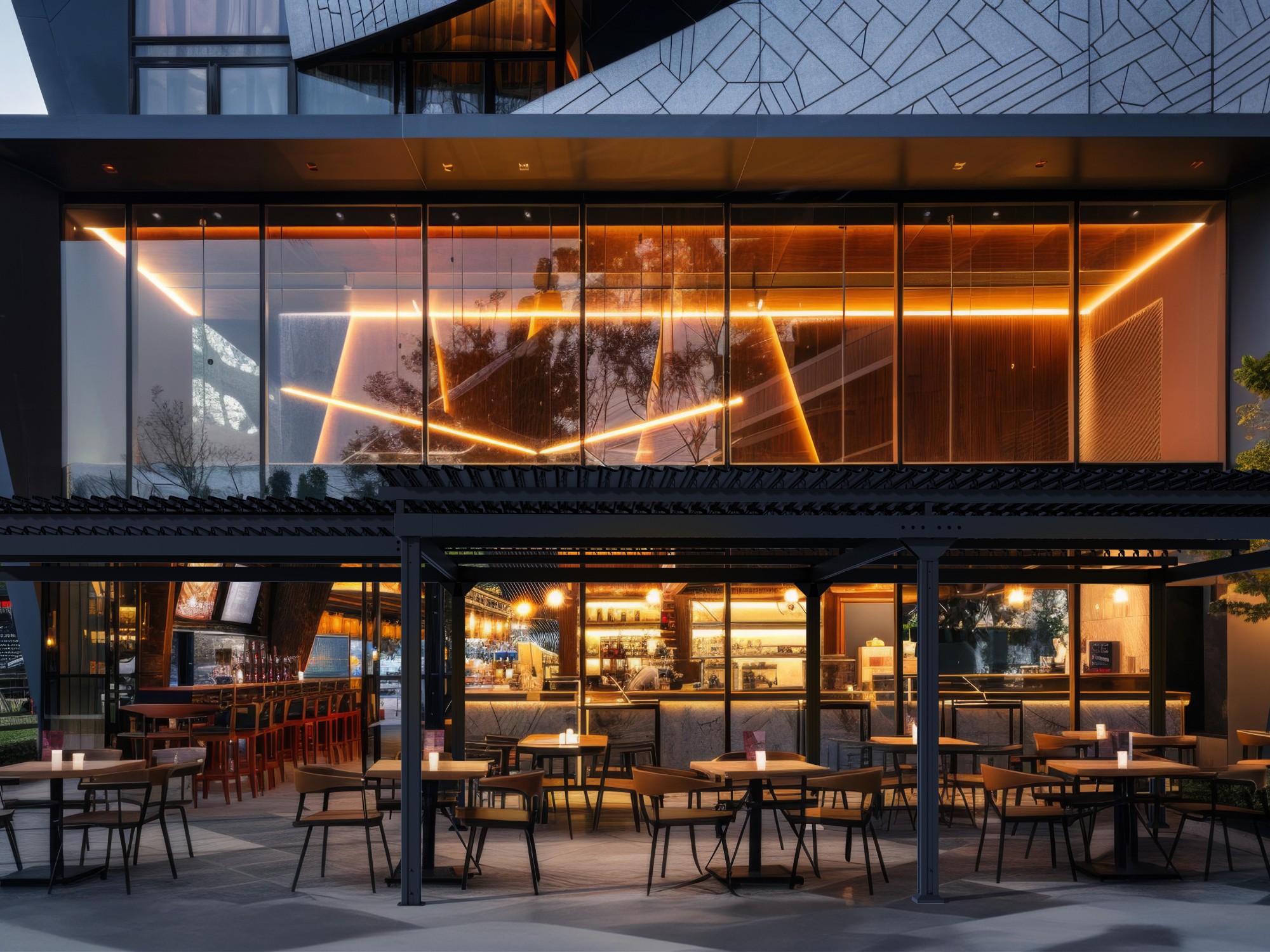A modern restaurant with large glass windows and outdoor seating. The restaurant is lit up at night, creating a warm and inviting atmosphere.