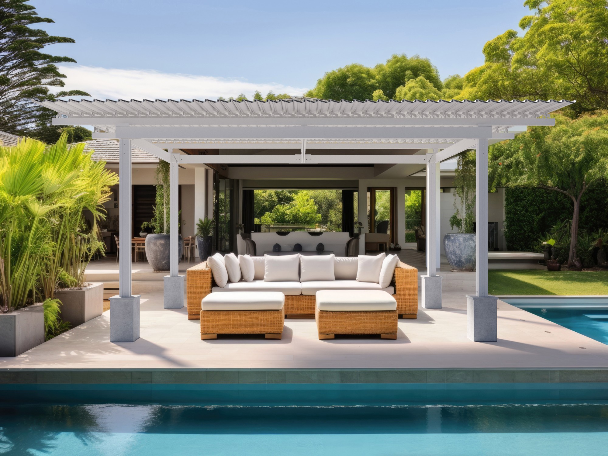 An outdoor area with a swimming pool in the back of the property.