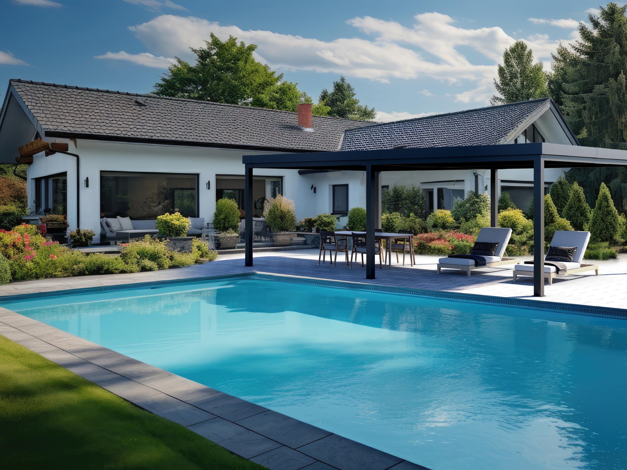 Backyard of an elegant house with swimming pool, blue sky in the background