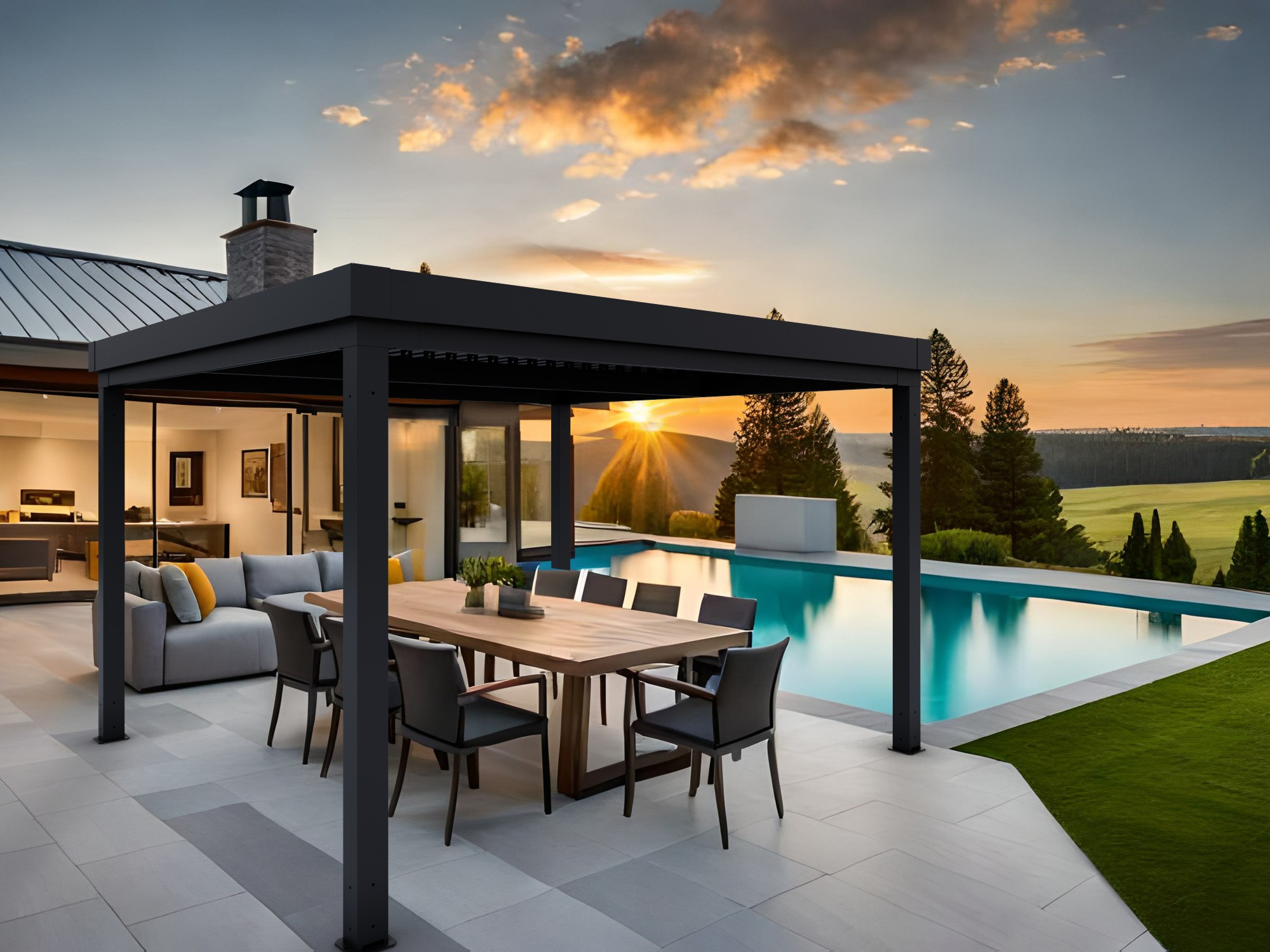 Beautiful modern farmhouse style luxury home exterior at twilight
