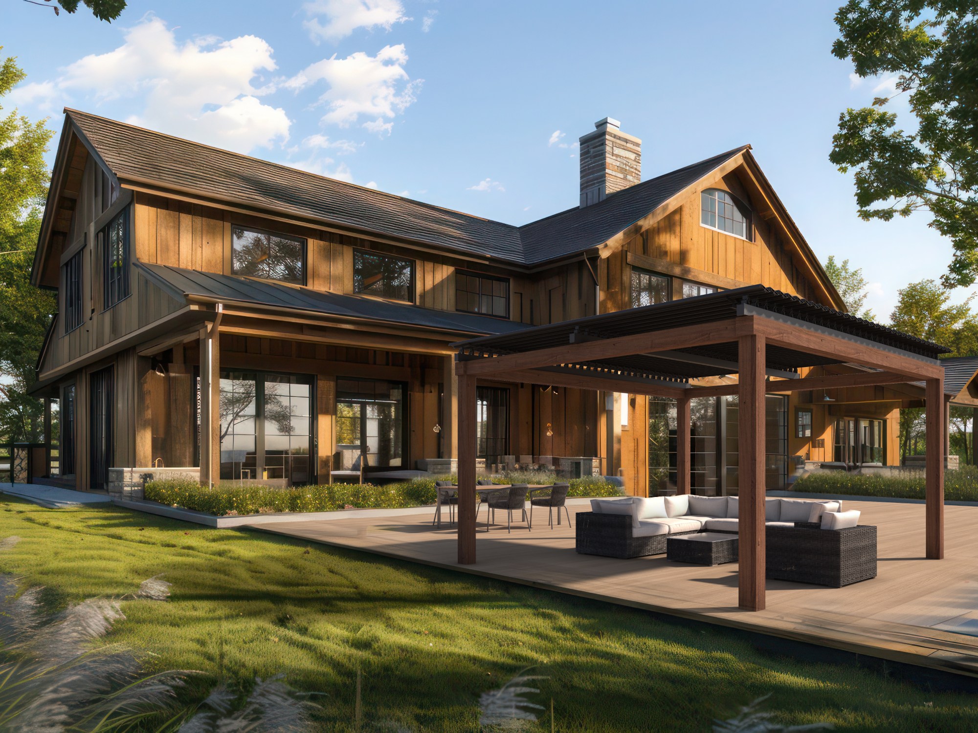 rustic suburban farmhouse with a traditional wooden exterior and a modern interior design, blending old and new elements