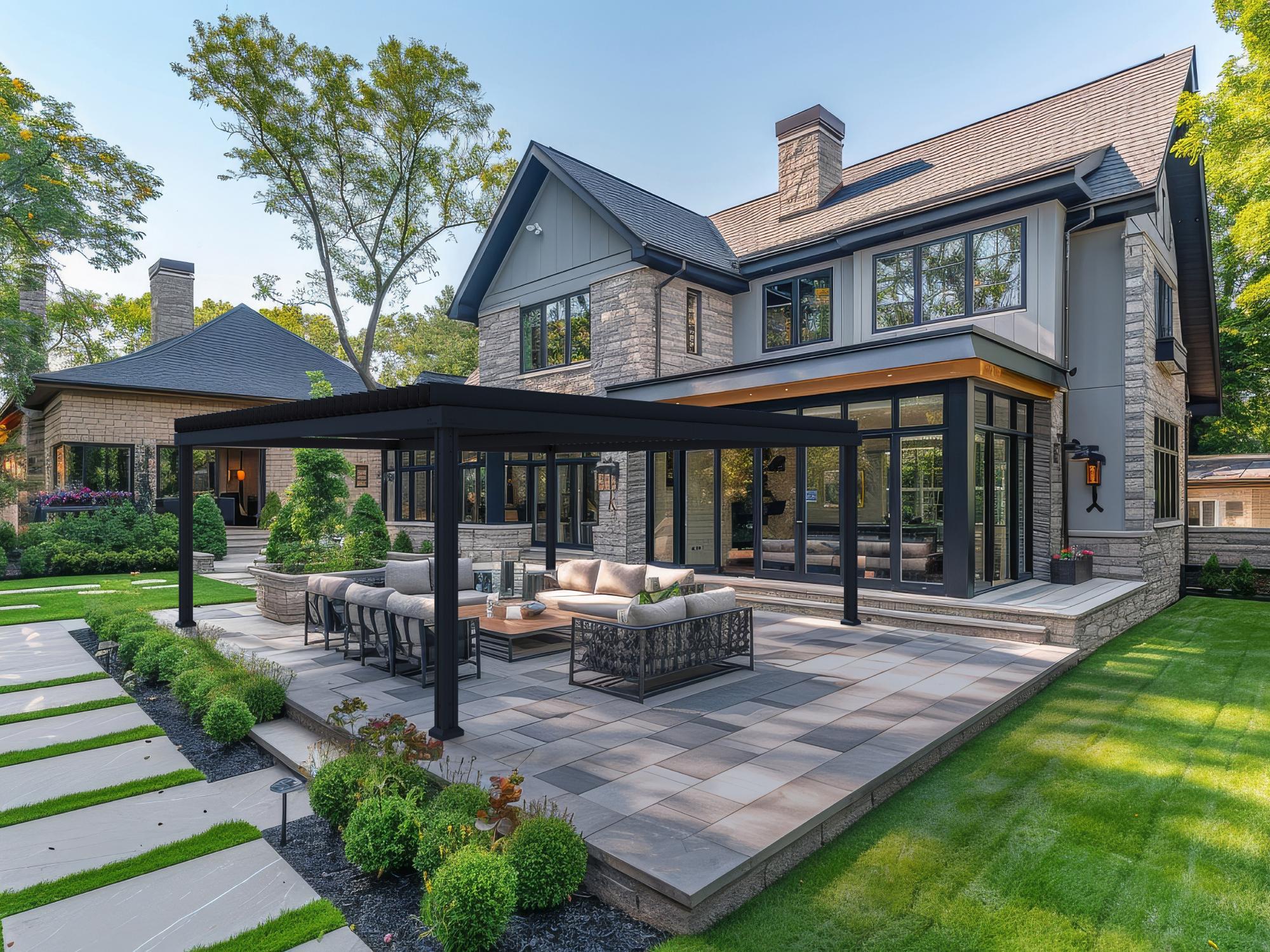 A high-quality, professional photo of an upscale suburban home with grey colored walls and large windows showcasing the perfect outdoor patio area in the backyard featuring lush green grass, stone pavers, sitting areas, landscaping, flower beds, and trees. The scene is captured during midday with natural lighting that highlights the details of each element. This shot was taken in the style of a Sony Alpha A7R IV camera using CineStill 800T film stock to create stunning fine-art photography,High definition photography. --ar 128:85 --style raw --stylize 250 Job ID: 88bb288b-29d6-4747-b7e5-f21984e37709