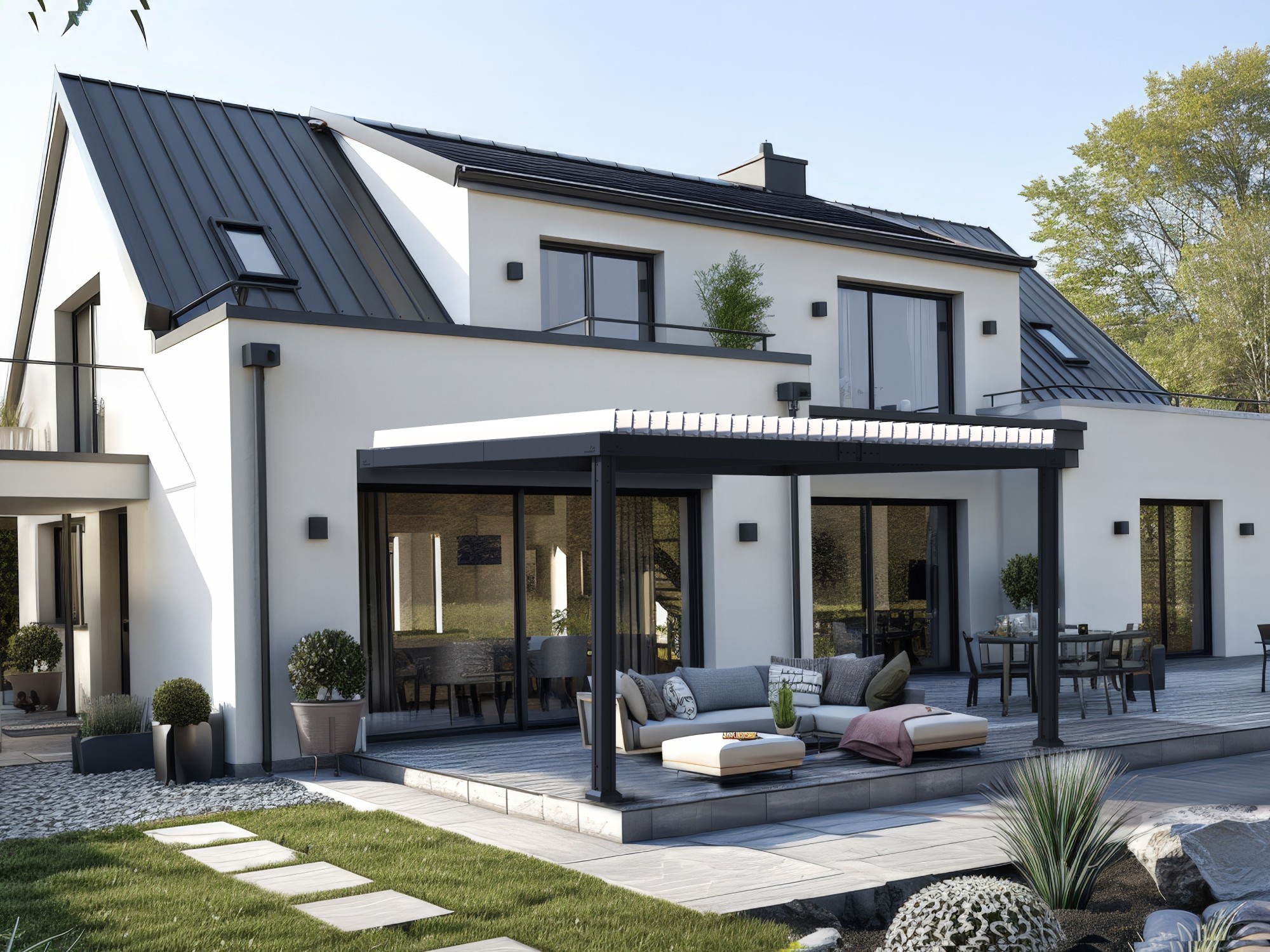 two storey contemporary house in a single block, dormer, pitched roof with closed eaves, scandinavian style, with garden --no trees--v 6.0 --ar 16:9 --style raw --stylize 250 Job ID: dbfcdfac-d320-486a-85af-54631185f478