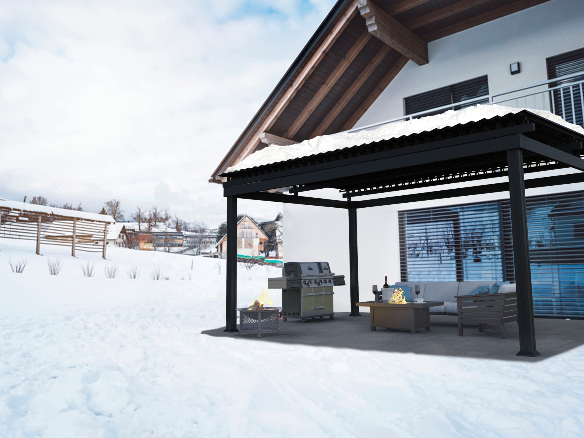 Modern building back yard. New family home has white facade, big windows with blinds and an outside patio, with metal construction roof top. On the deck there are wooden chairs and table making the area a great entertainment space. Front yard is covered in snow, itÄôs winter time. House is situated in residential district.